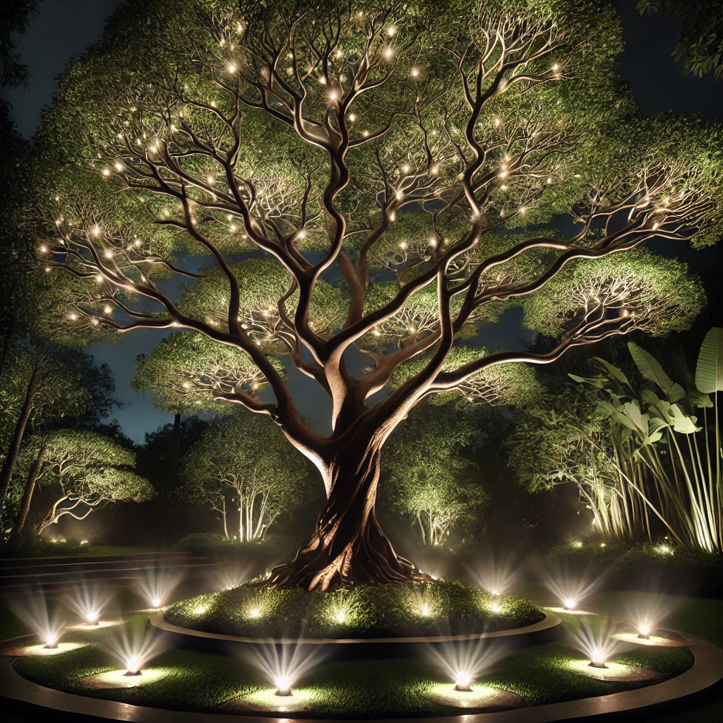 رسم توضيحي لشجرة مضاءة بشكل جميل في الليل، مظللة بأضواء البئر.