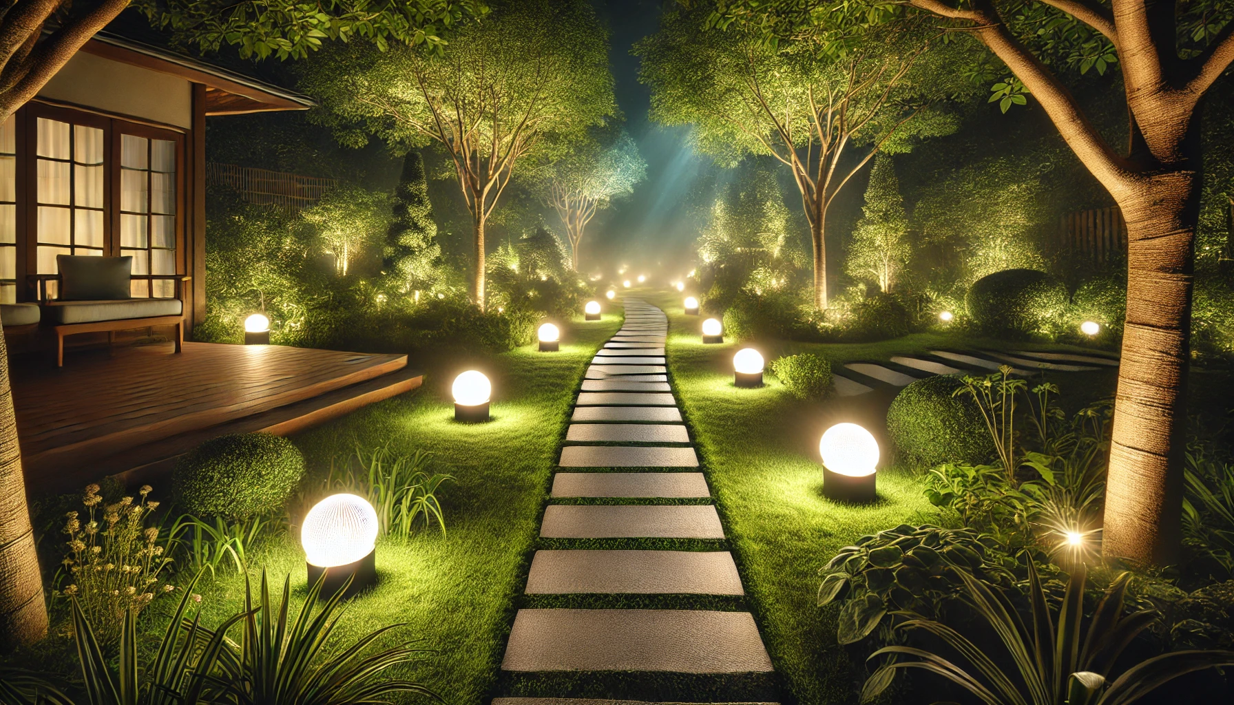 ممر في حديقة مضاء بأضواء المسار ليلاً