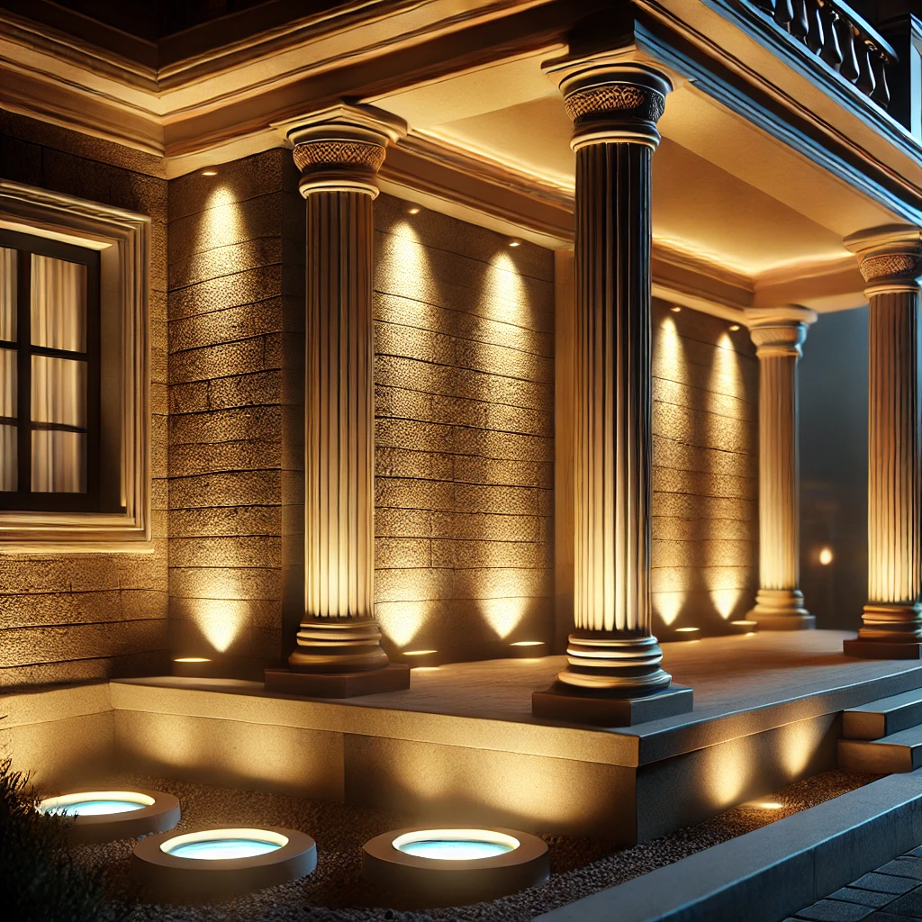 رسم توضيحي لأضواء البئر التي تبرز السمات المعمارية للمنزل في الليل.